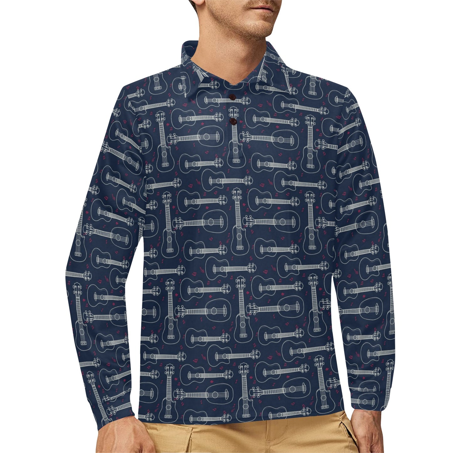 Ukulele Print Design LKS401 Long Sleeve Polo Shirt For Men's
