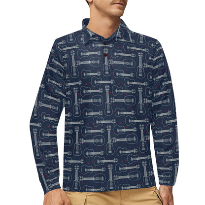 Ukulele Print Design LKS401 Long Sleeve Polo Shirt For Men's