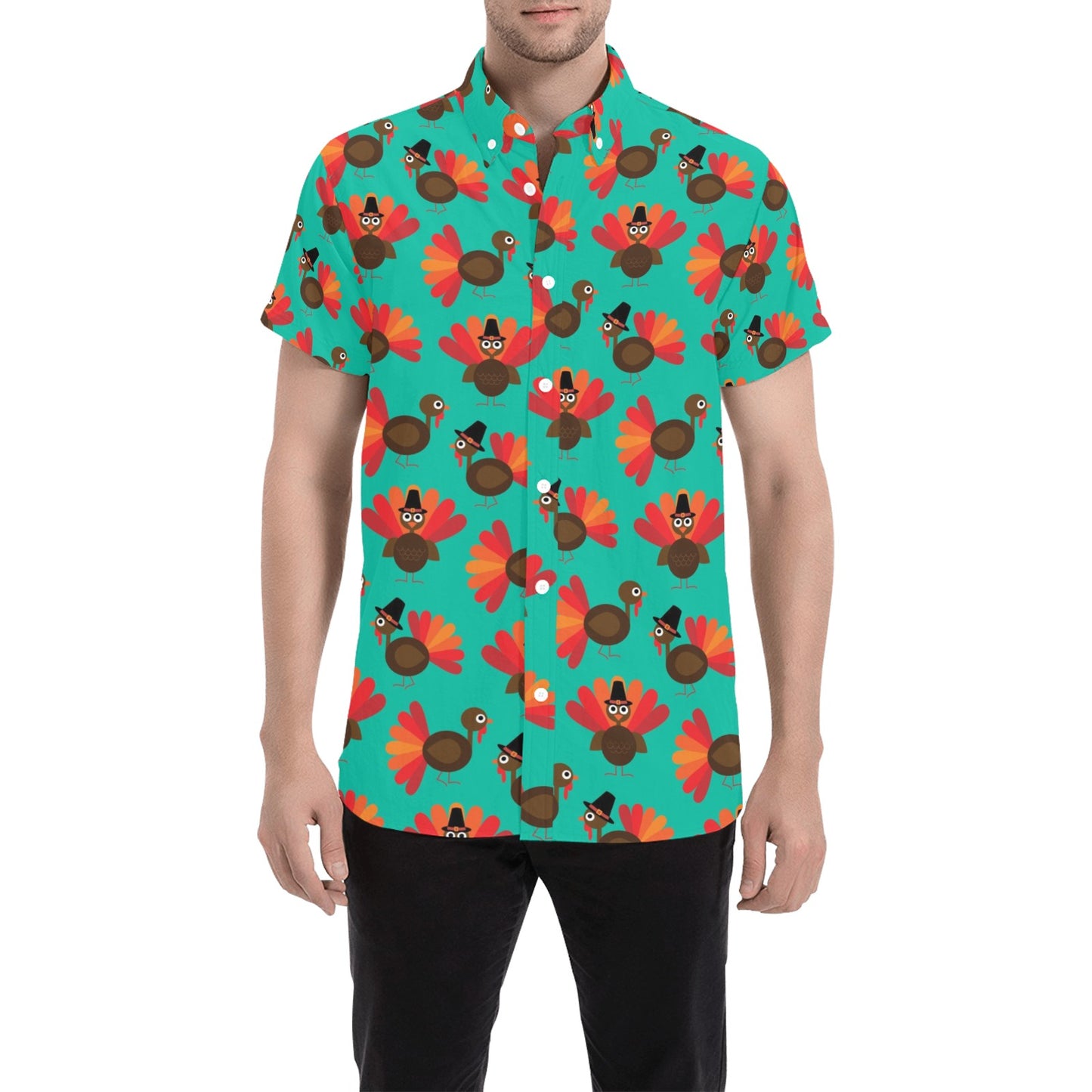 Turkey Print Design LKS402 Men Short Sleeve Button Up Shirt