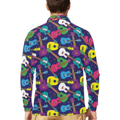 Ukulele Pattern Print Design 02 Long Sleeve Polo Shirt For Men's