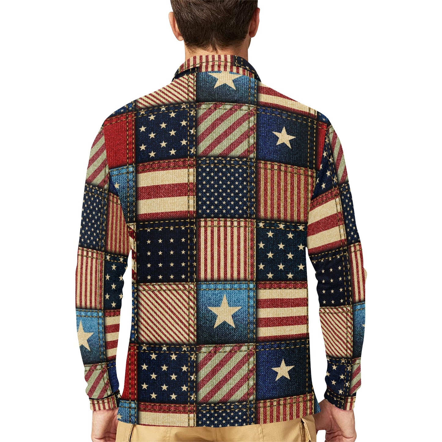 American flag Patchwork Design Long Sleeve Polo Shirt For Men's