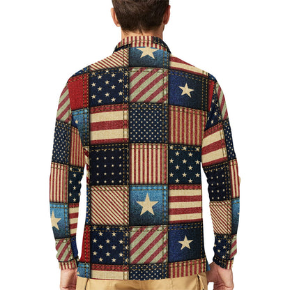 American flag Patchwork Design Long Sleeve Polo Shirt For Men's