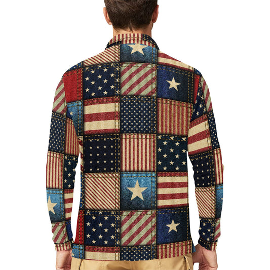 American flag Patchwork Design Long Sleeve Polo Shirt For Men's