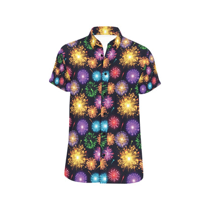 Firework Print Design LKS305 Men Short Sleeve Button Up Shirt