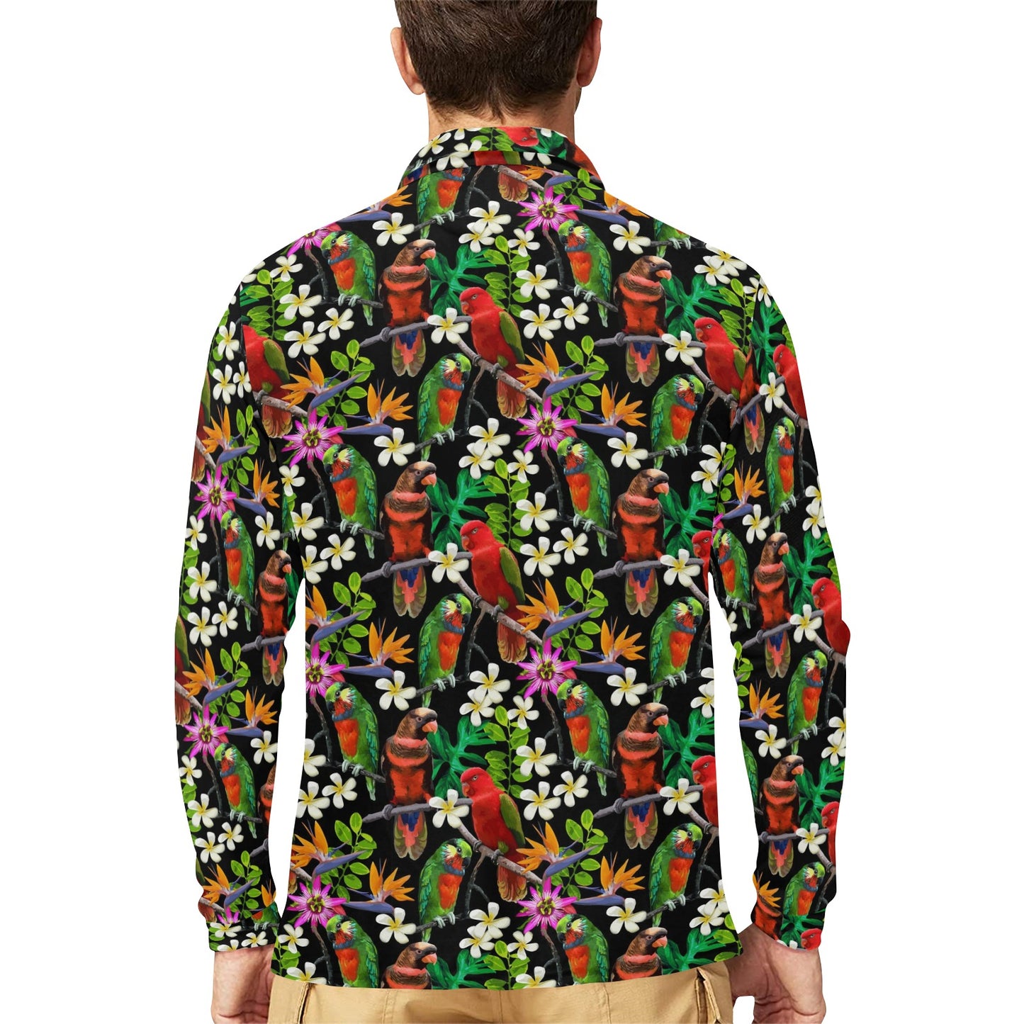 Parrot Design Print Long Sleeve Polo Shirt For Men's
