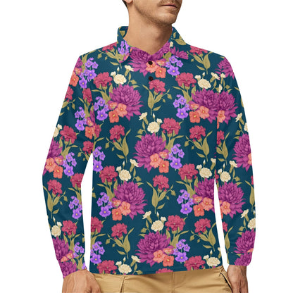 Dahlia Pattern Print Design DH01 Long Sleeve Polo Shirt For Men's