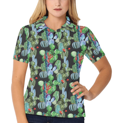 Cactus Watercolor Style Print Women's Polo Shirt