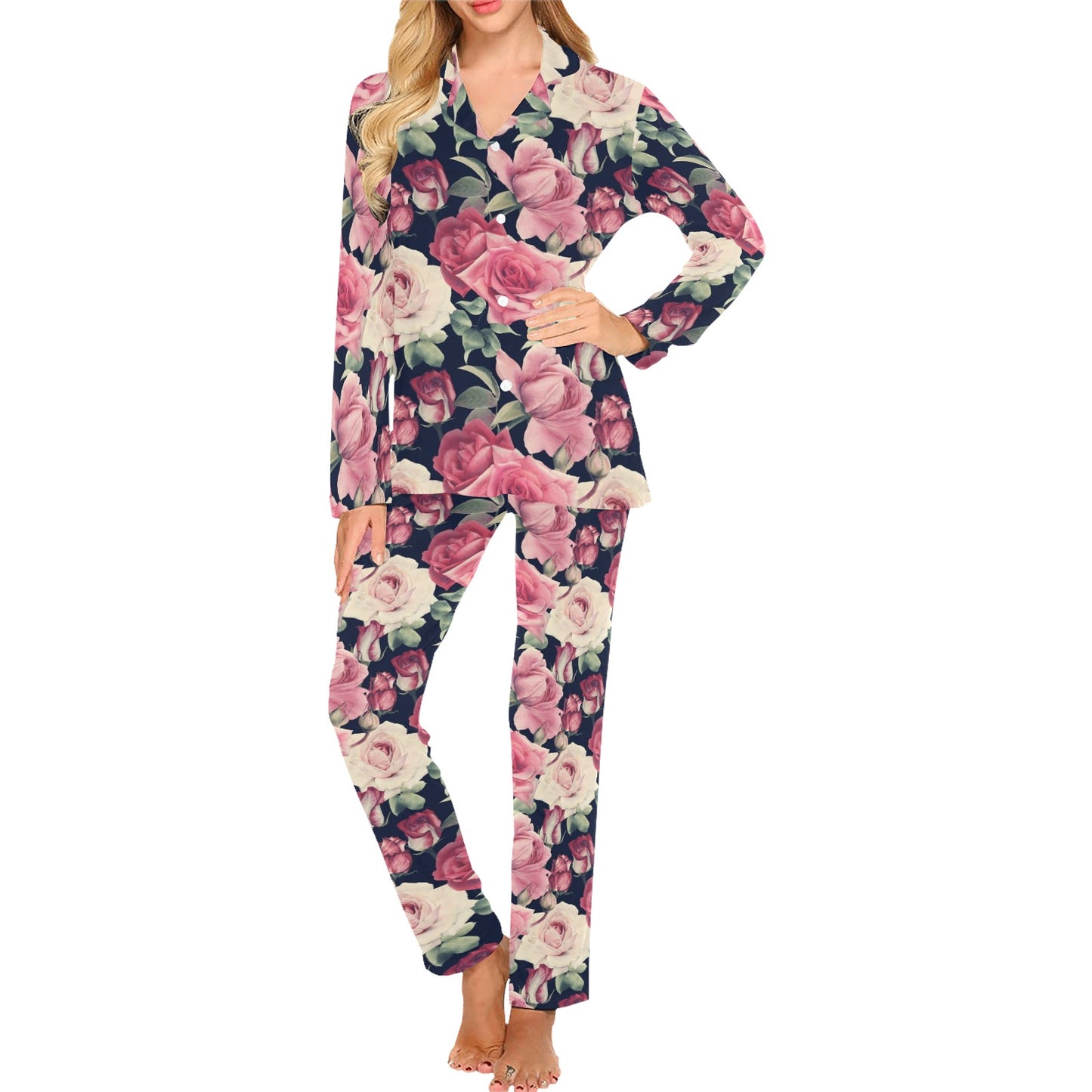 Rose Pattern Print Design RO05 Women's Long Pajama Set