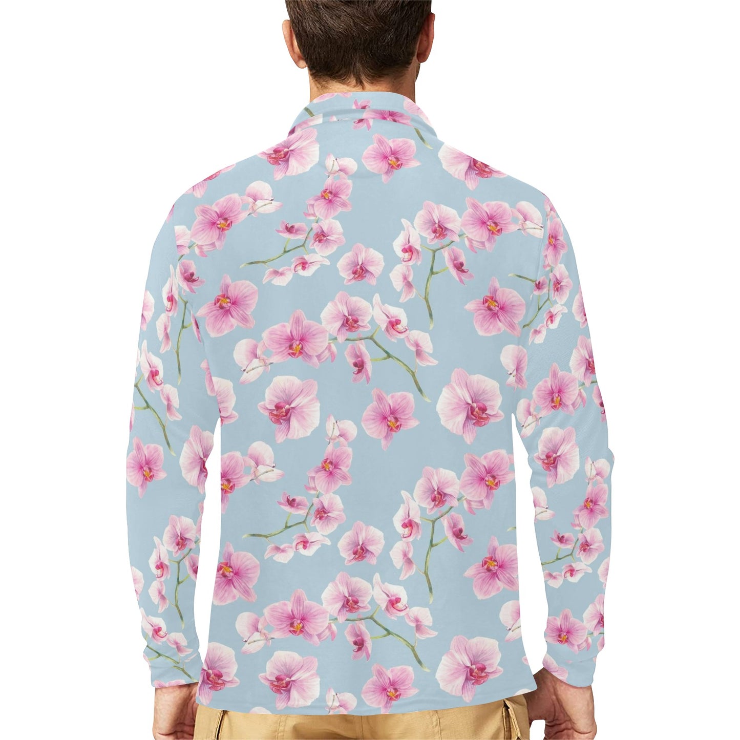 Orchid Pink Pattern Print Design OR01 Long Sleeve Polo Shirt For Men's