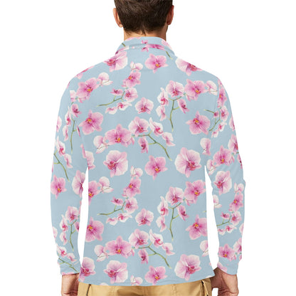 Orchid Pink Pattern Print Design OR01 Long Sleeve Polo Shirt For Men's