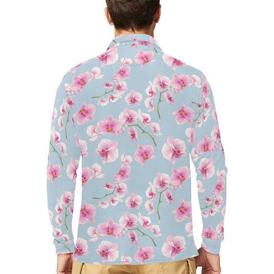 Orchid Pink Pattern Print Design OR01 Long Sleeve Polo Shirt For Men's