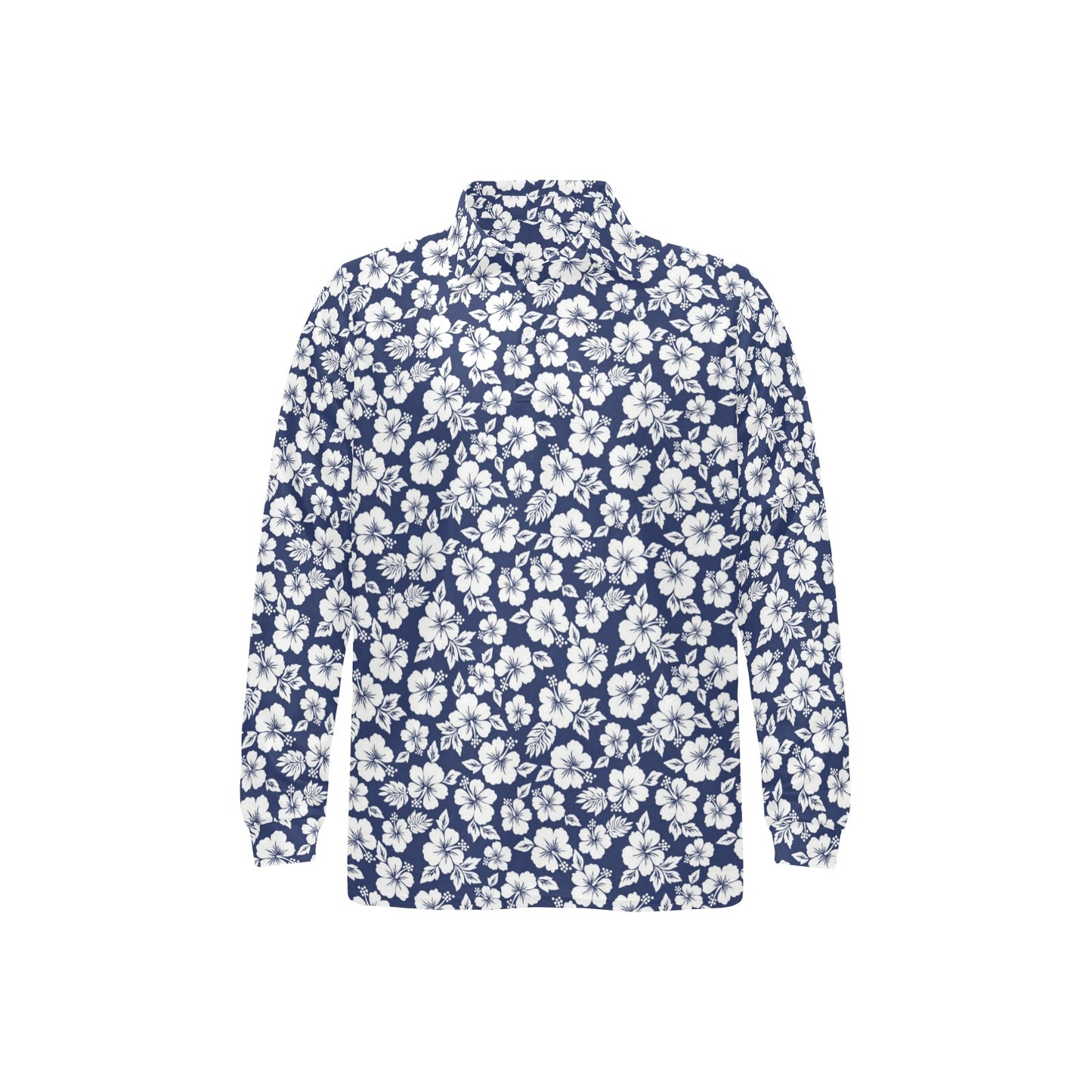 Hibiscus Blue Hawaiian Flower Style Long Sleeve Polo Shirt For Men's