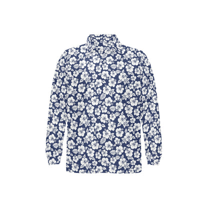 Hibiscus Blue Hawaiian Flower Style Long Sleeve Polo Shirt For Men's