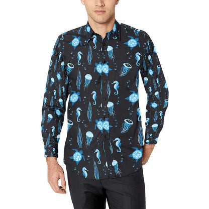 Sea Turtle Jelly Fish Sea Horse Print Design LKS3014 Men's Long Sleeve Dress Shirt
