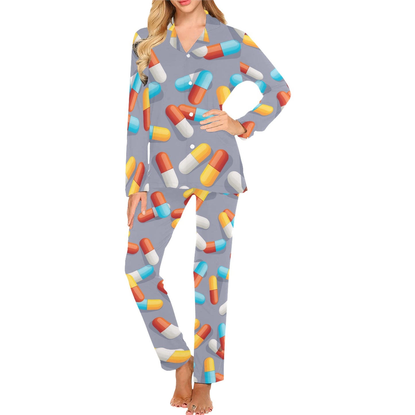 Pill Pattern Print Design A01 Women's Long Pajama Set