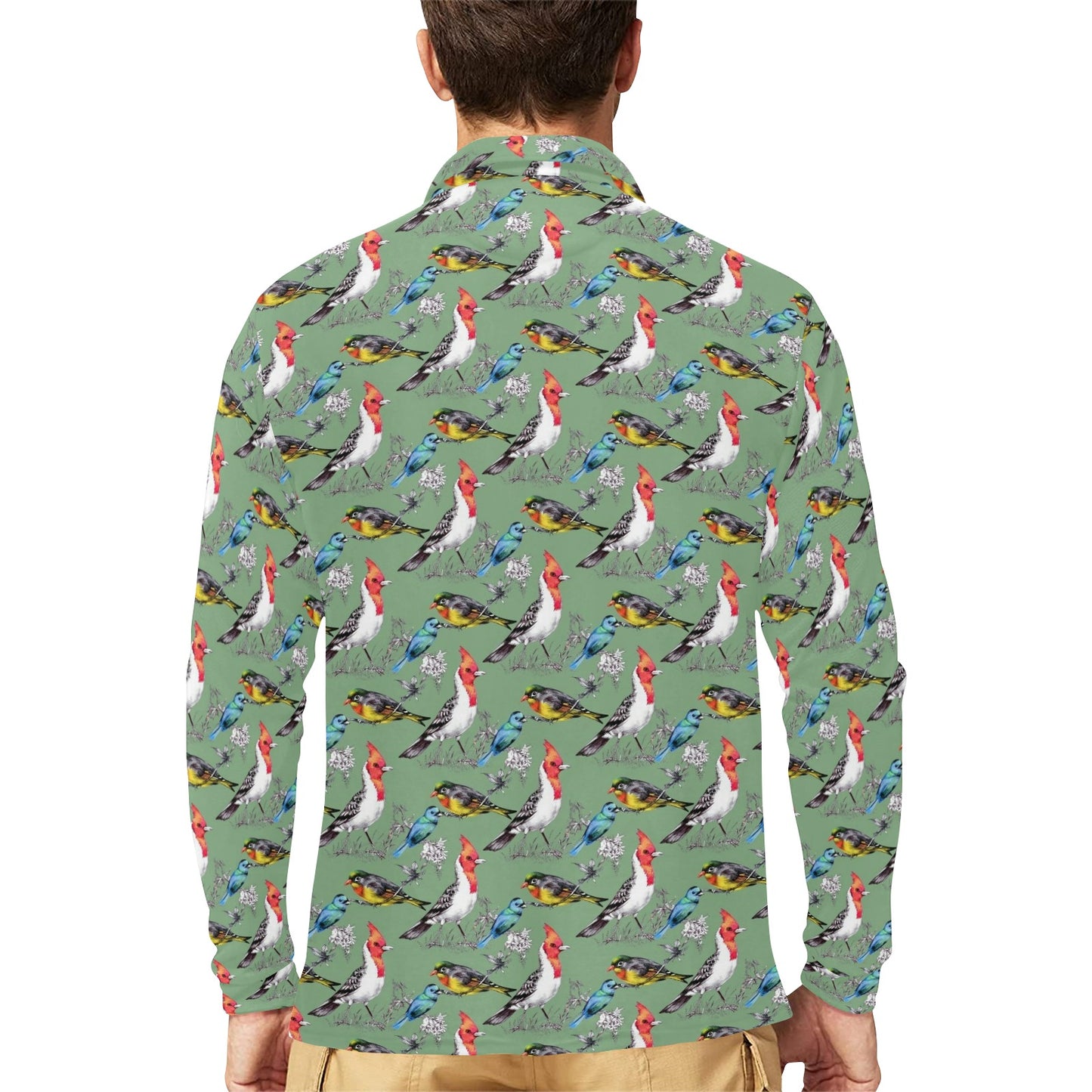 Birds Pattern Print Design 07 Long Sleeve Polo Shirt For Men's