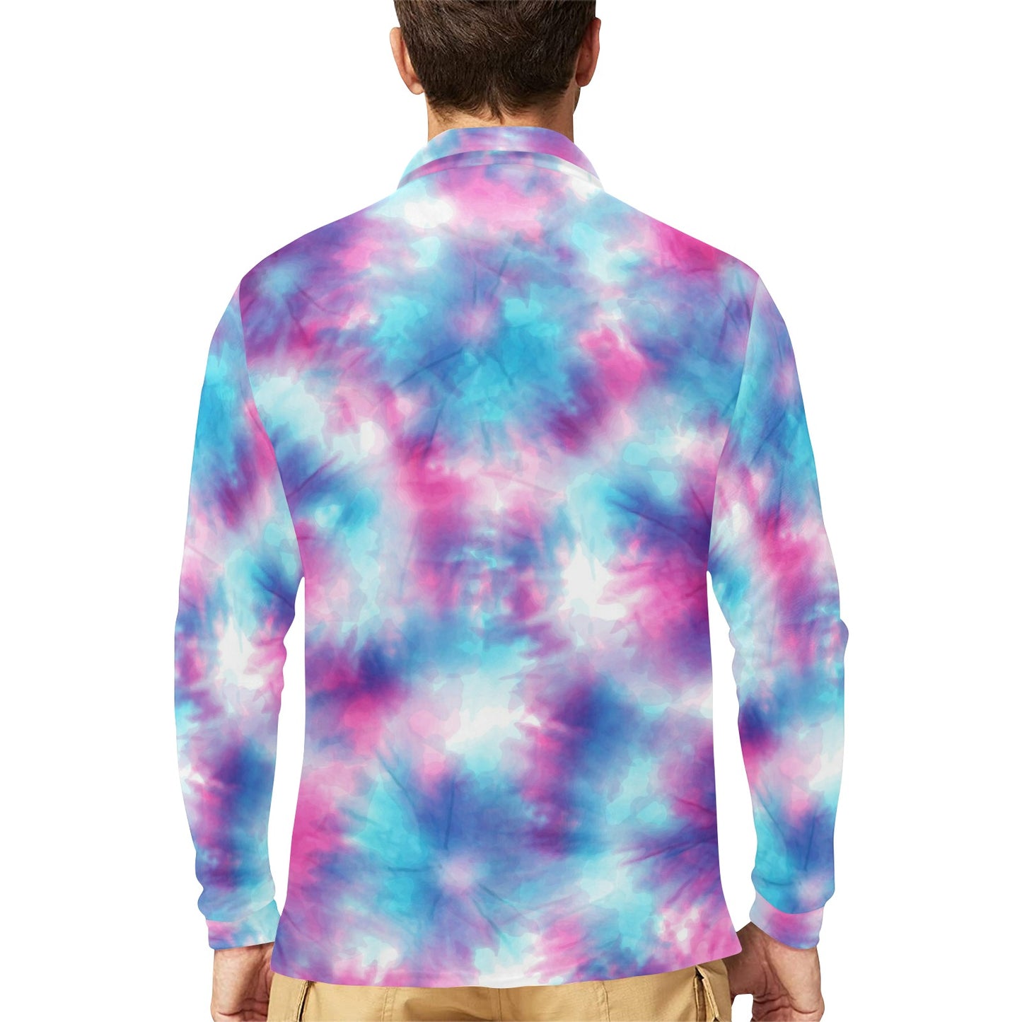 Tie Dye Blue Pink Long Sleeve Polo Shirt For Men's