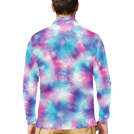 Tie Dye Blue Pink Long Sleeve Polo Shirt For Men's