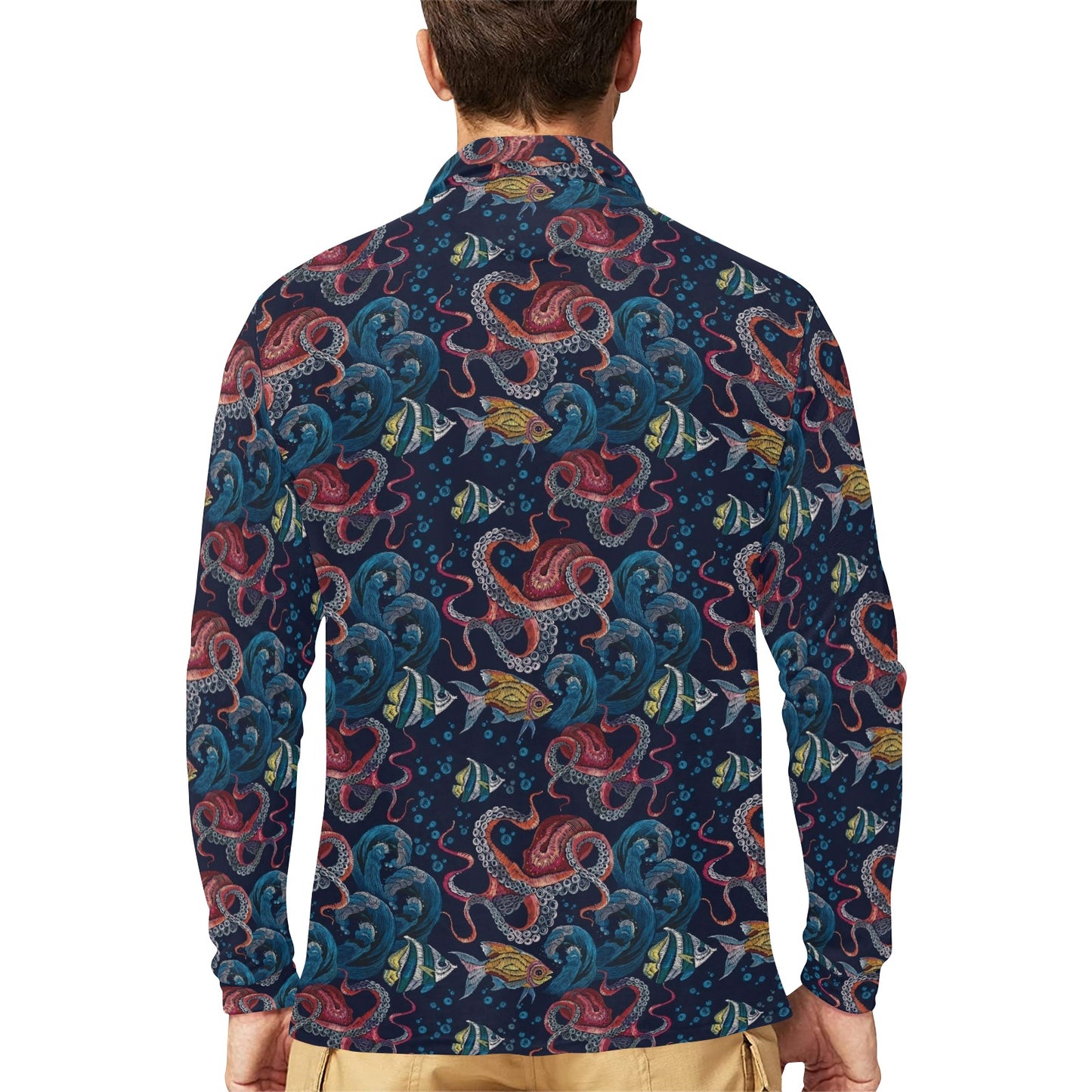 Underwater Giant Squid Print Design LKS302 Long Sleeve Polo Shirt For Men's
