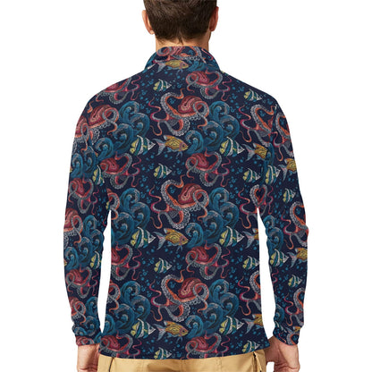 Underwater Giant Squid Print Design LKS302 Long Sleeve Polo Shirt For Men's