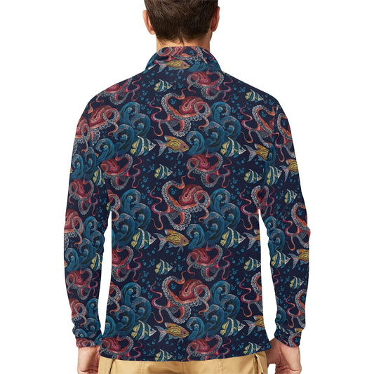 Underwater Giant Squid Print Design LKS302 Long Sleeve Polo Shirt For Men's