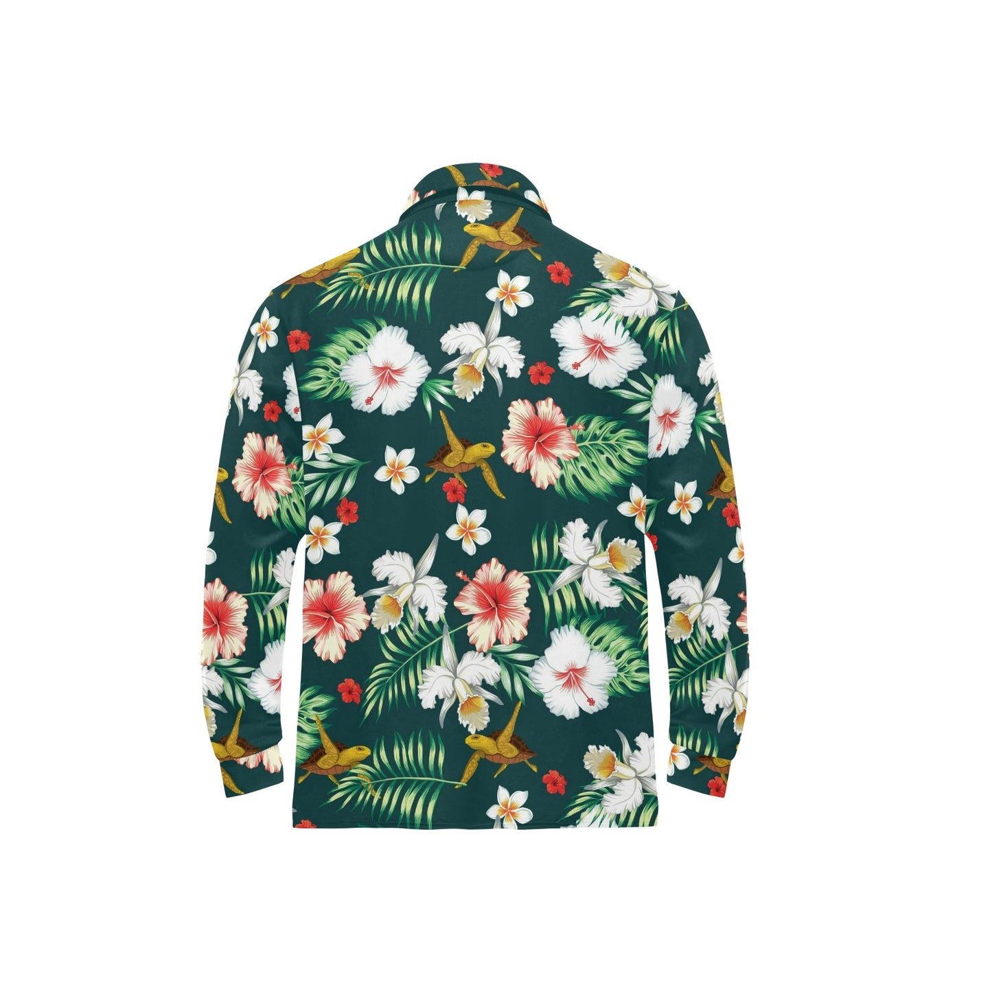 Hawaiian Flower Design with SeaTurtle Print Long Sleeve Polo Shirt For Men's