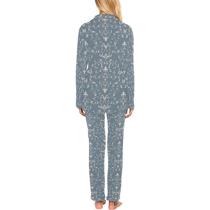 Damask Elegant Teal Print Pattern Women's Long Pajama Set