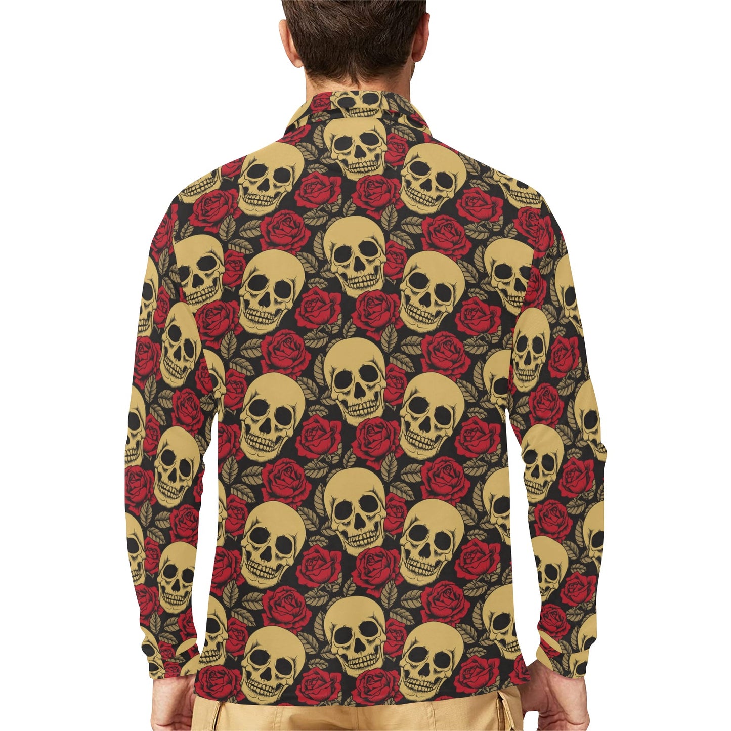 Skull And Roses Print Design LKS302 Long Sleeve Polo Shirt For Men's