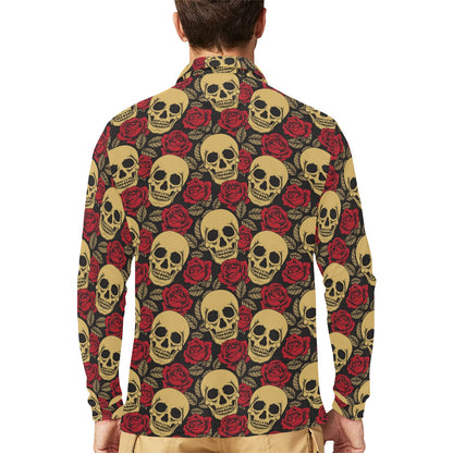 Skull And Roses Print Design LKS302 Long Sleeve Polo Shirt For Men's