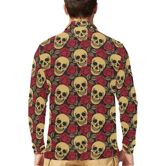 Skull And Roses Print Design LKS302 Long Sleeve Polo Shirt For Men's
