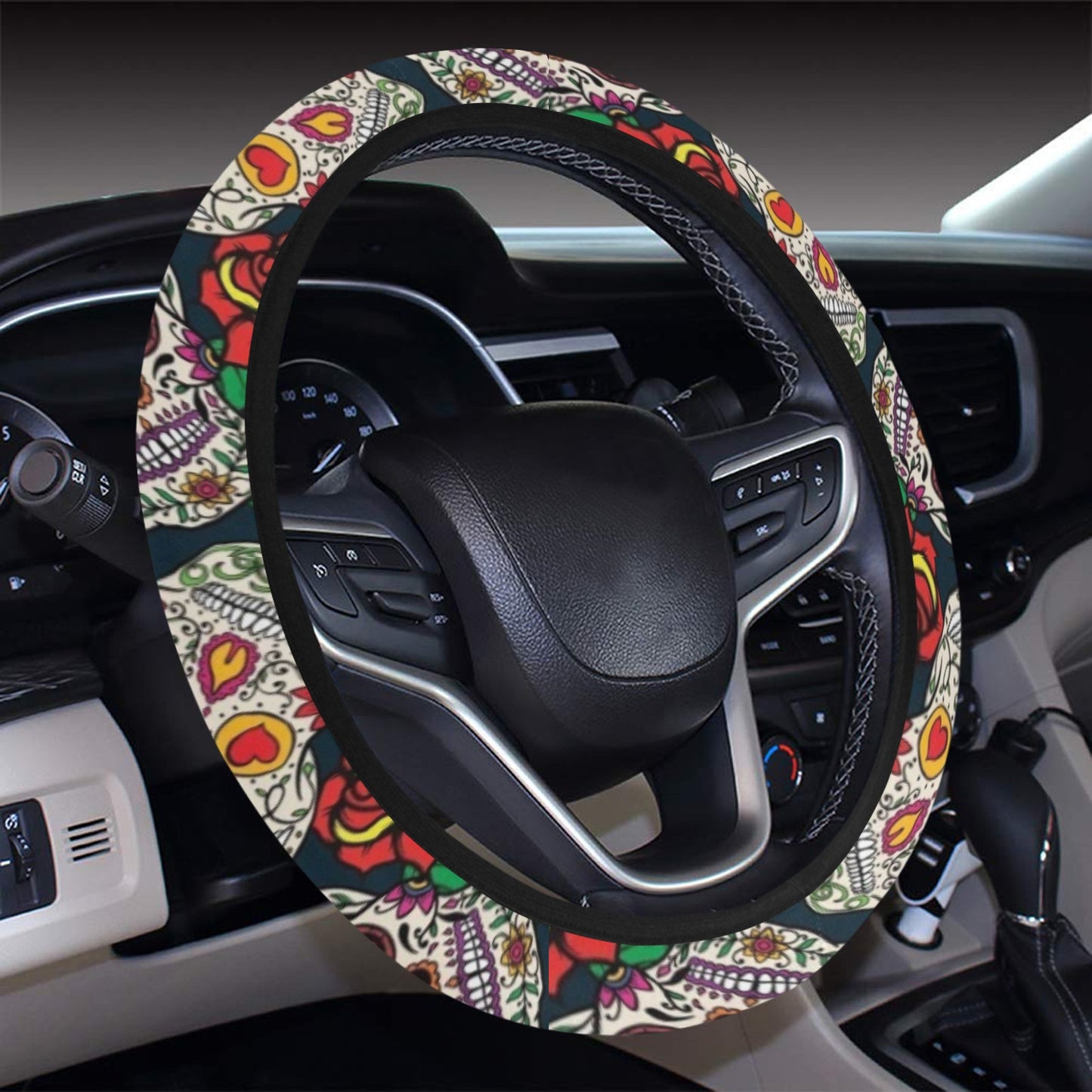 Sugar Skull Print Design LKS306 Steering Wheel Cover with Elastic Edge