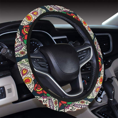 Sugar Skull Print Design LKS306 Steering Wheel Cover with Elastic Edge