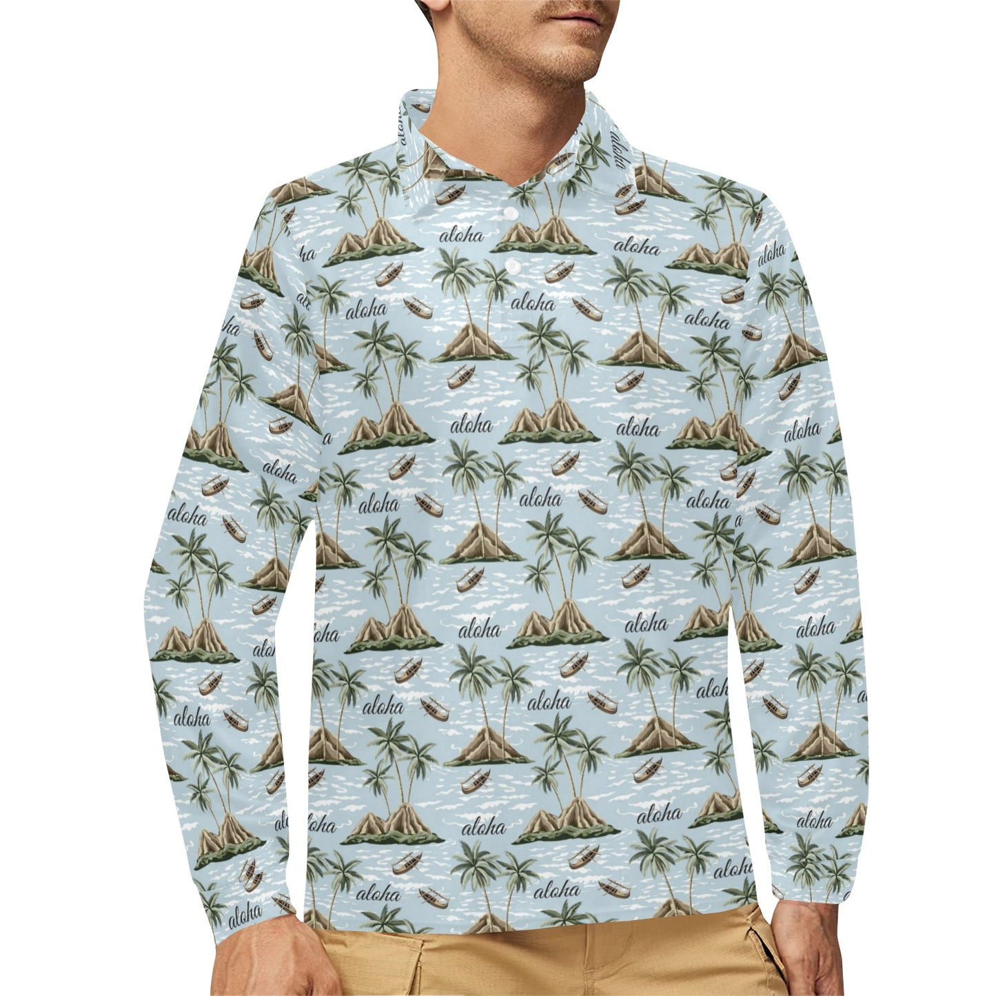 Aloha Hawaii island Design Themed Print Long Sleeve Polo Shirt For Men's
