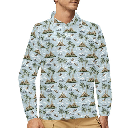 Aloha Hawaii island Design Themed Print Long Sleeve Polo Shirt For Men's