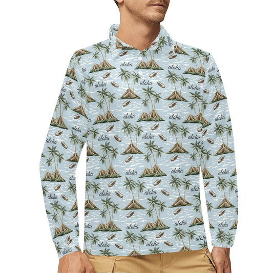 Aloha Hawaii island Design Themed Print Long Sleeve Polo Shirt For Men's