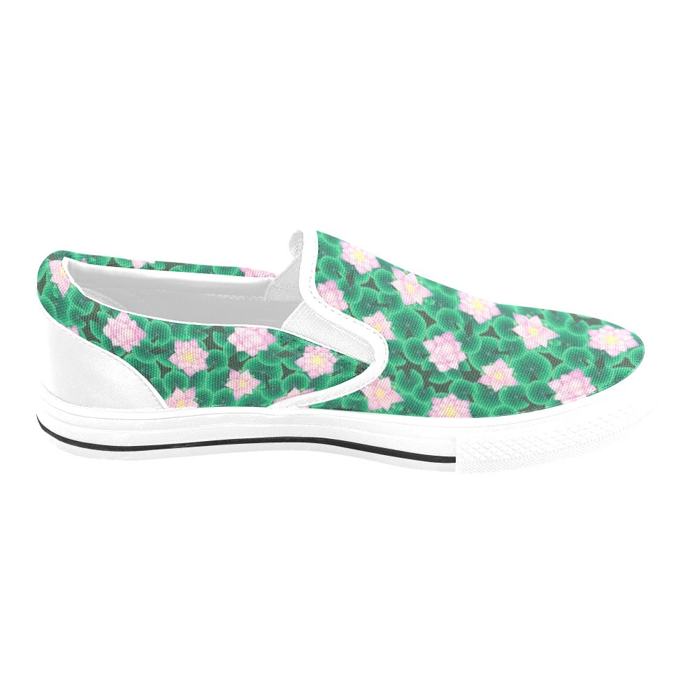 Water Lily Print Design LKS303 White Slip Ons Canvas Women's Shoes