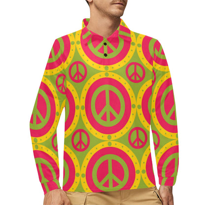 Peace Sign Pattern Print Design A01 Long Sleeve Polo Shirt For Men's