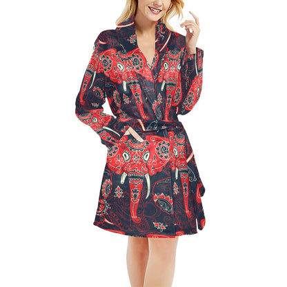 Red Indian Elephant Pattern Women's Fleece Robe