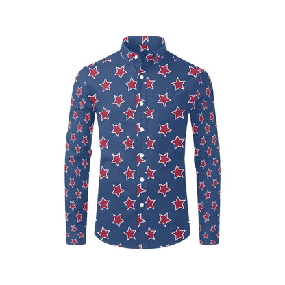 Star Red Blue Print Design LKS301 Men's Long Sleeve Dress Shirt