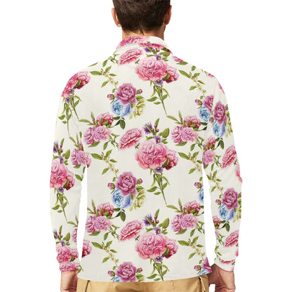 Carnations Pattern Print Design CN02 Long Sleeve Polo Shirt For Men's