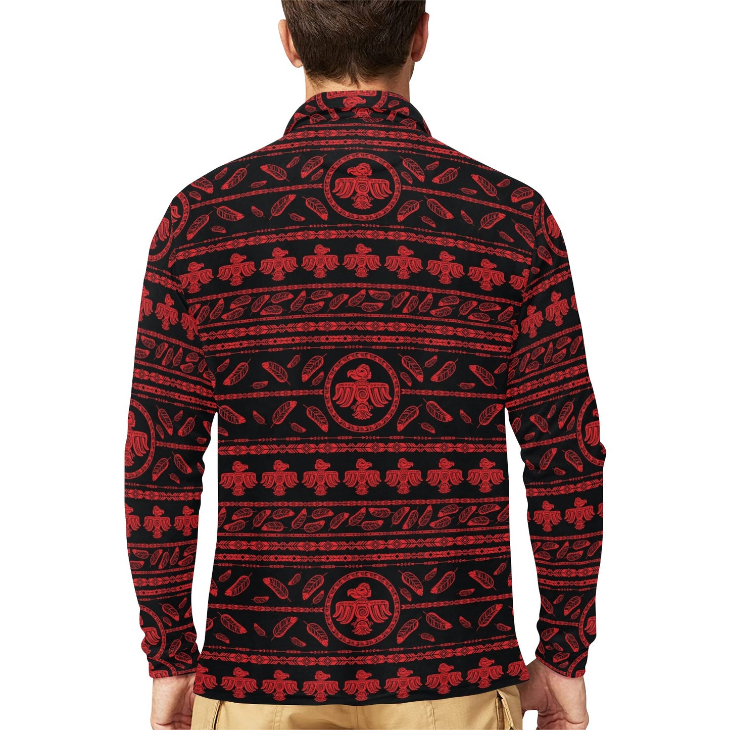 Native American Eagle Themed Print Long Sleeve Polo Shirt For Men's