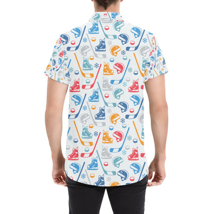 Hockey Equipment Print Design LKS301 Men Short Sleeve Button Up Shirt