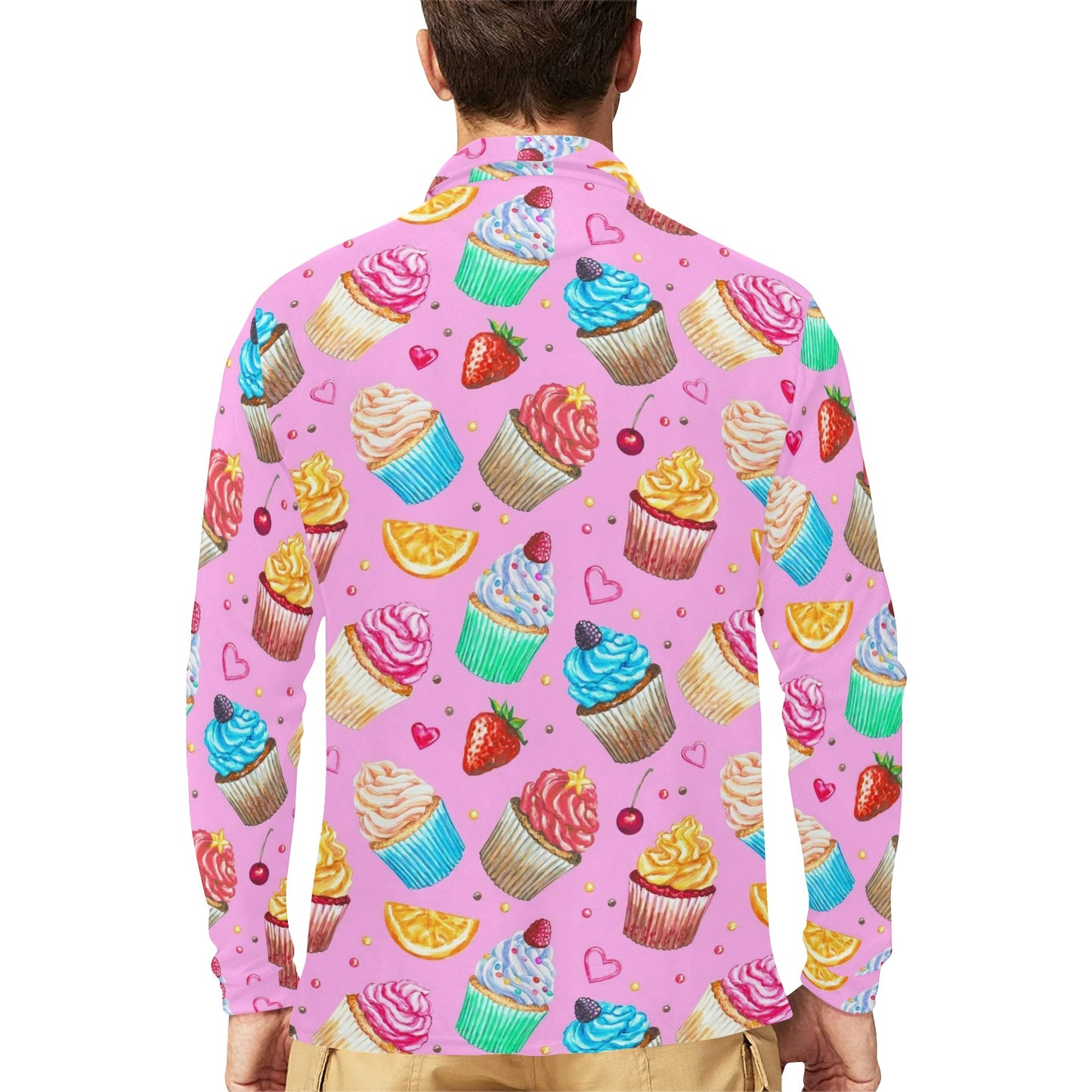Cupcake Pattern Print Design CP05 Long Sleeve Polo Shirt For Men's