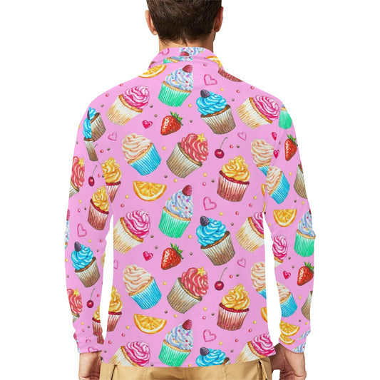 Cupcake Pattern Print Design CP05 Long Sleeve Polo Shirt For Men's