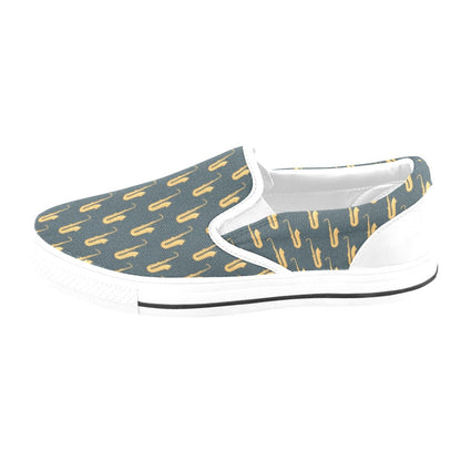 Saxophone Print Design LKS401 White Slip Ons Canvas Women's Shoes