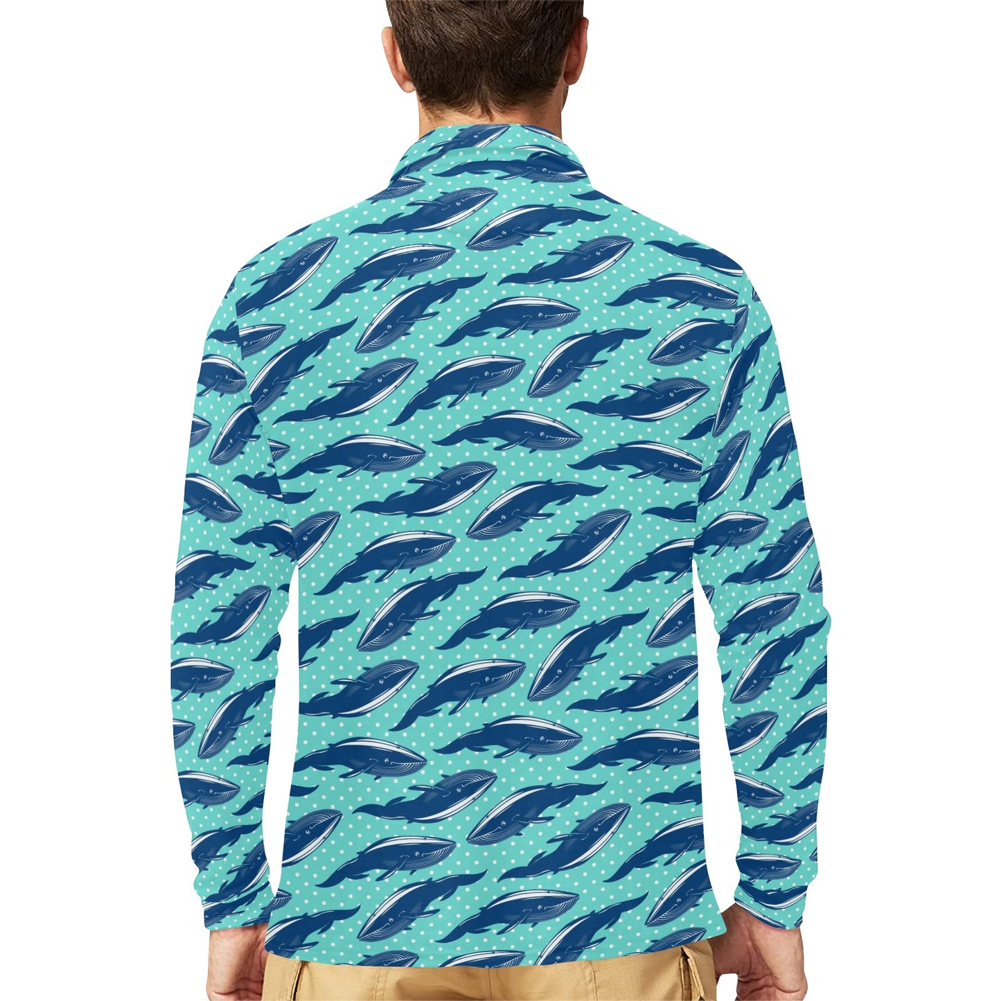 Whale Polka Dot Design Themed Print Long Sleeve Polo Shirt For Men's