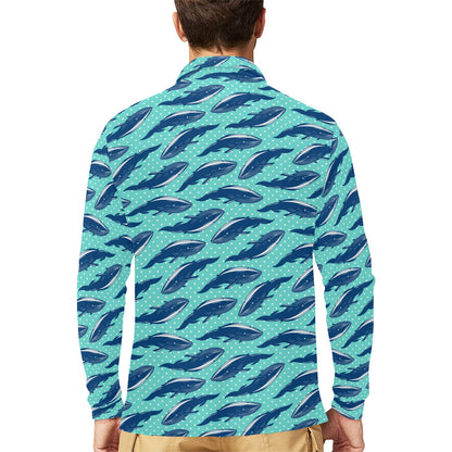 Whale Polka Dot Design Themed Print Long Sleeve Polo Shirt For Men's