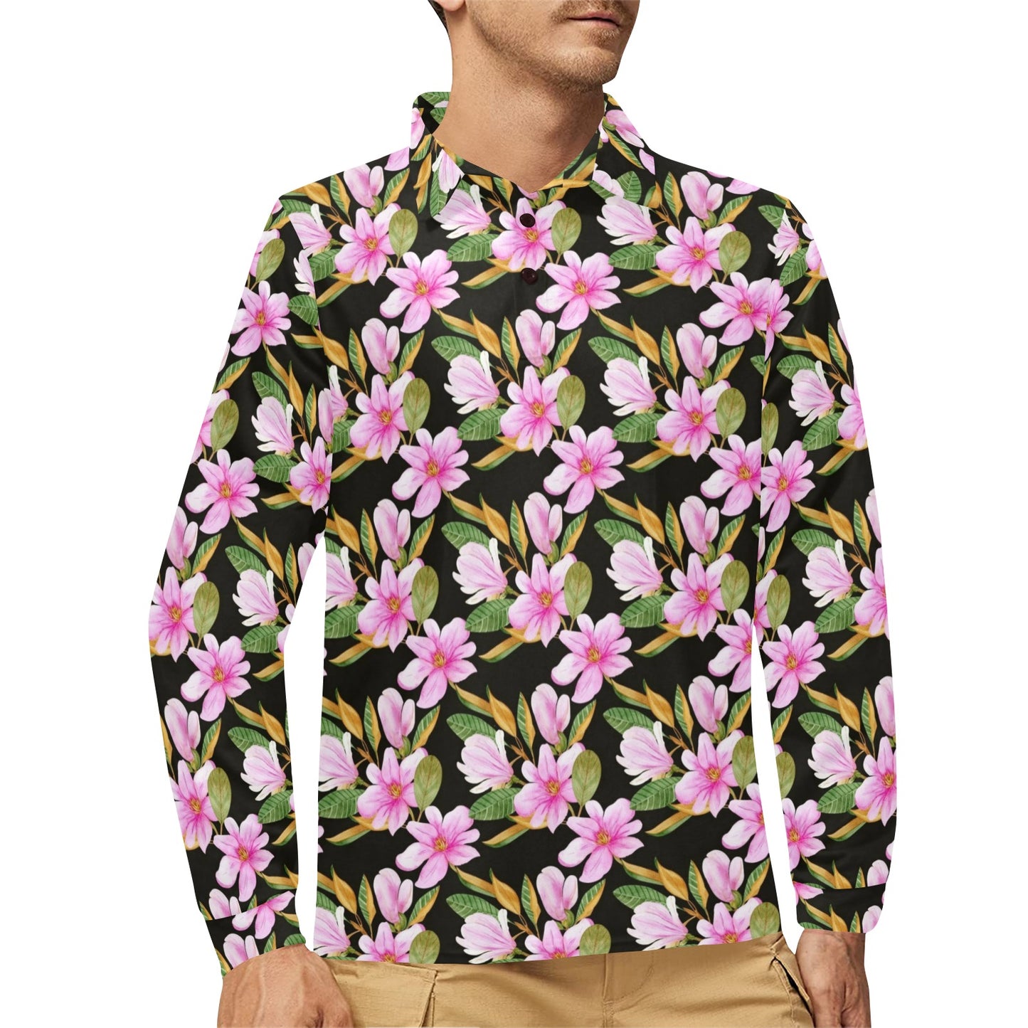 Magnolia Pattern Print Design MAG08 Long Sleeve Polo Shirt For Men's