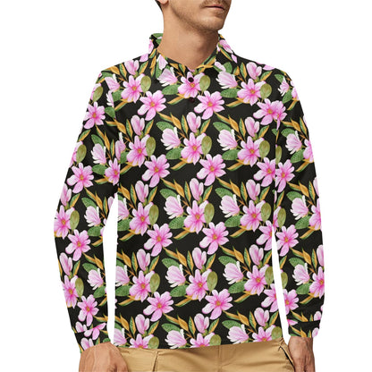 Magnolia Pattern Print Design MAG08 Long Sleeve Polo Shirt For Men's