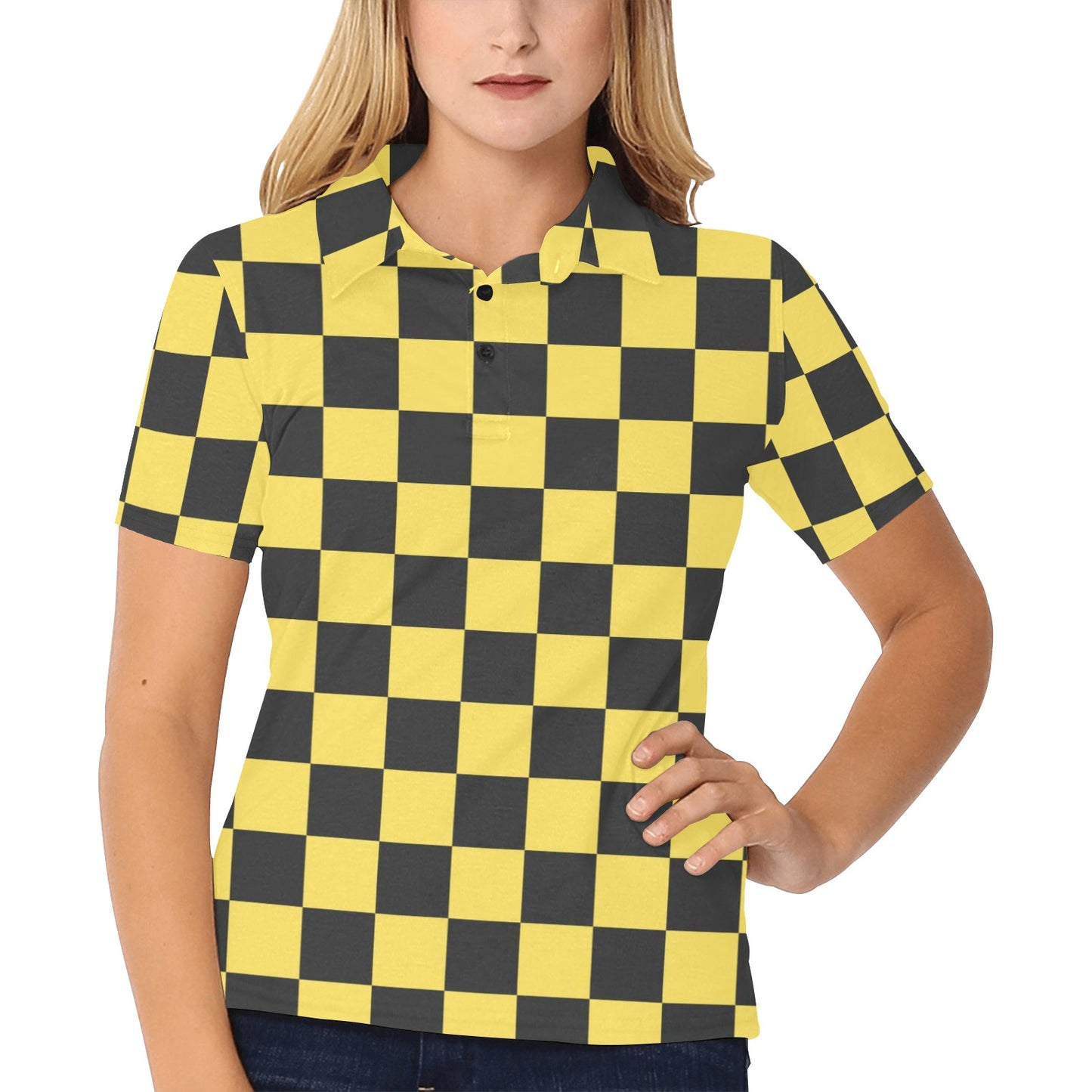Checkered Yellow Pattern Print Design 03 Women's Polo Shirt